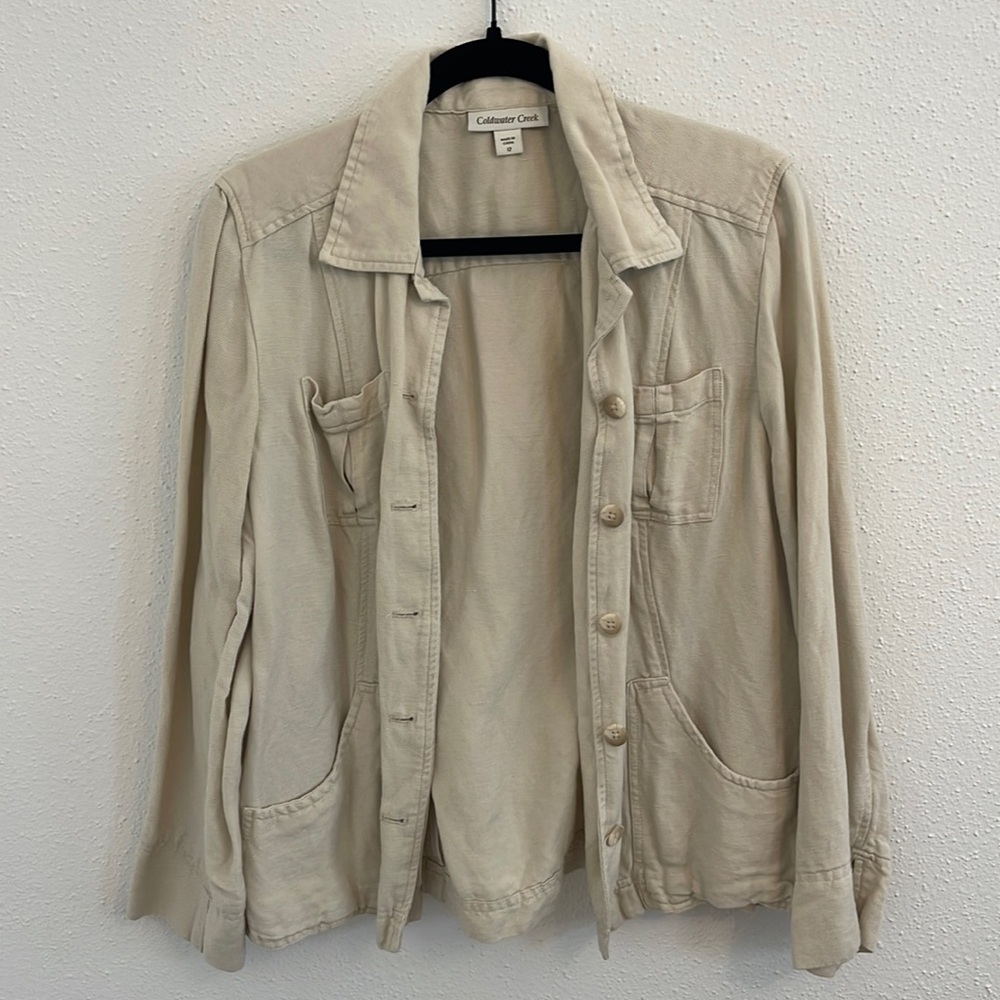 Coldwater Creek Linen Blend Cream Long Sleeve Button Down Shacket Size 12